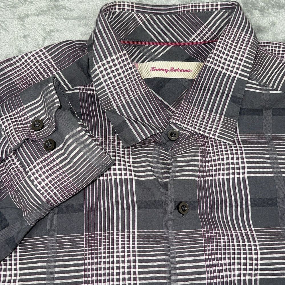 Tommy Bahama Men's SZ XL Purple Gray Plaid Silk Blend Shirt Long Sleeve Button‎